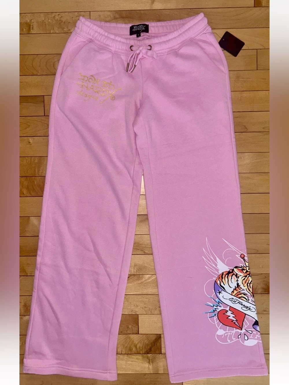 NEW! ED HARDY Tiger Crown Wide Leg Sweatpants Bubblegum Pink Size S